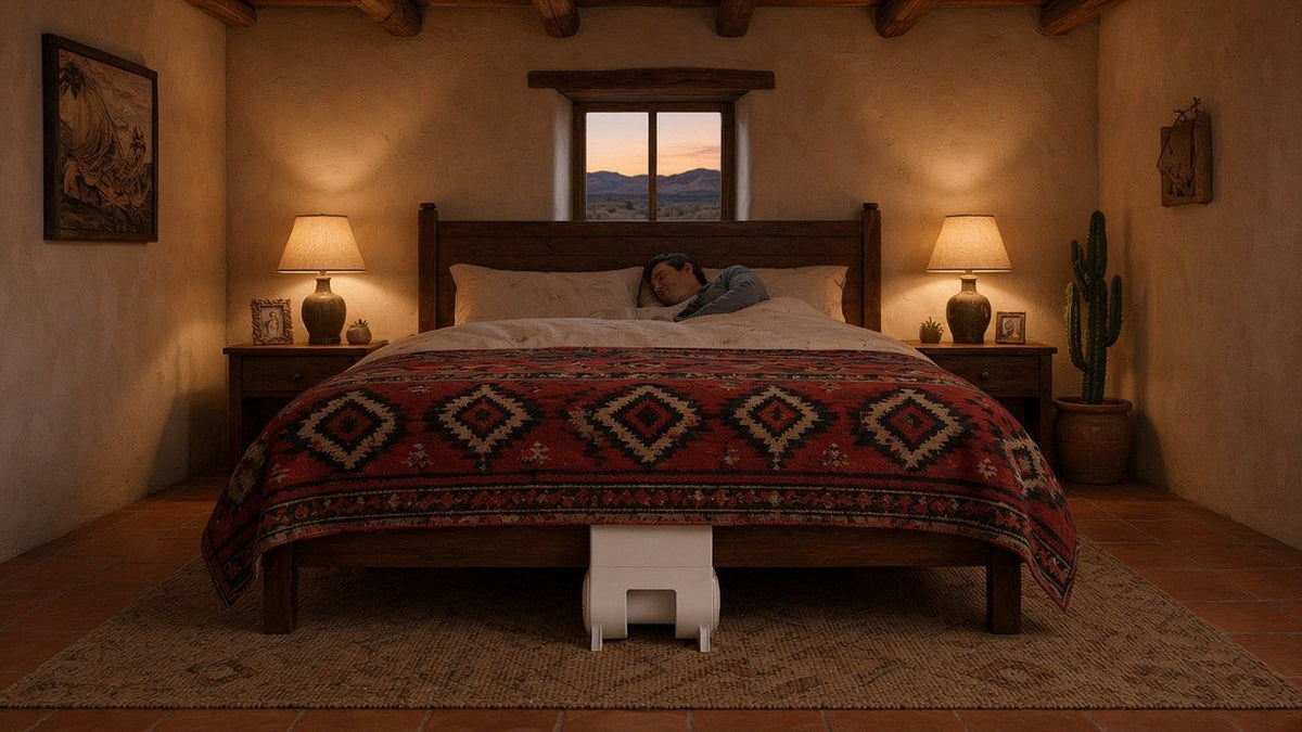 Bed cooler for hot sleepers: a man asleep with a bFan bed fan at the foot of the bed