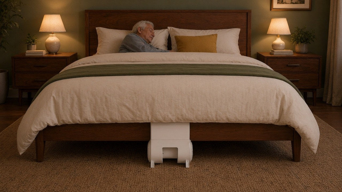Blood pressure medicine night sweats: an older man asleep with a bFan bed fan at the foot of the bed