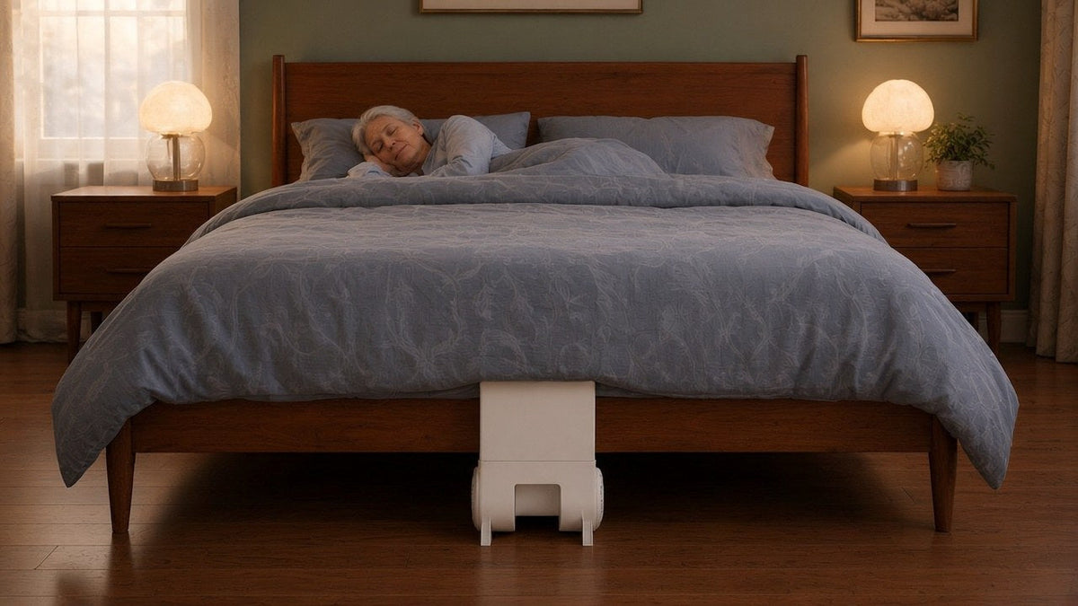 Fan for hot flashes: a woman asleep with a bFan bed fan at the foot of the bed
