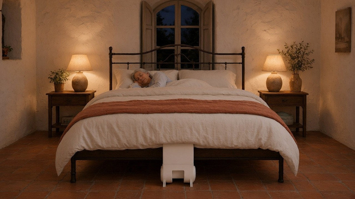 Medication night sweats: a woman asleep with a bFan bed fan at the foot of the bed