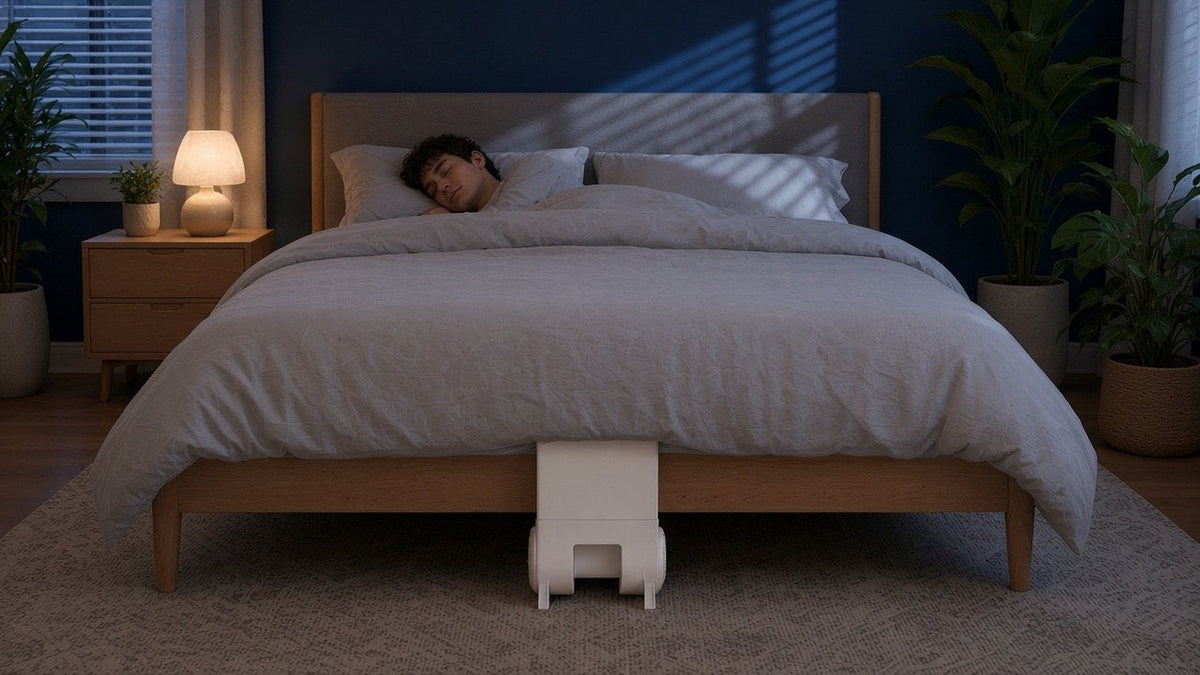 Night sweats after quitting vaping: a young man asleep with a bFan bed fan at the foot of the bed
