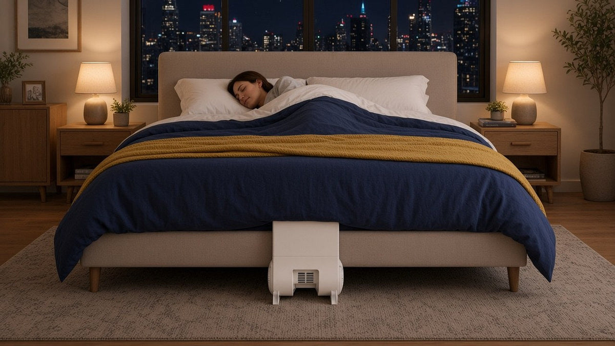 Ozempic night sweats: a woman asleep with a bFan bed fan at the foot of the bed